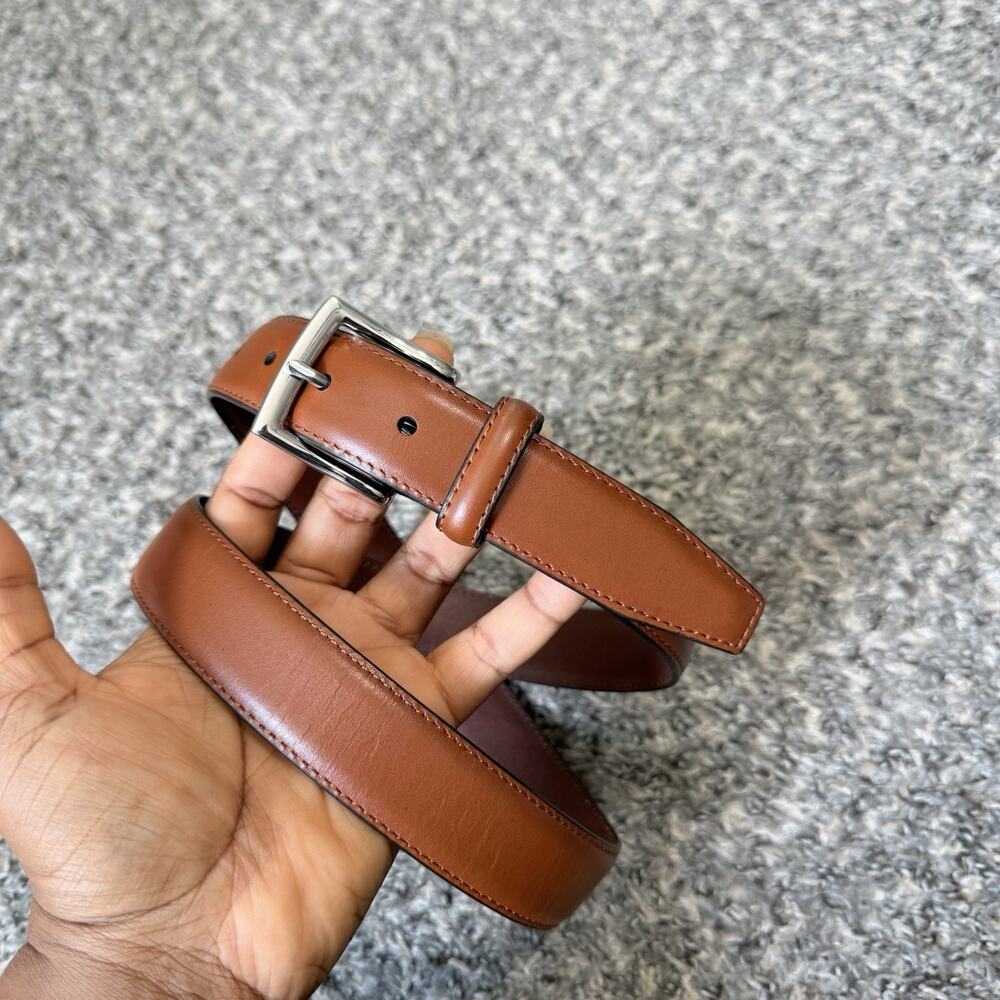 J Crew Dress Belt Mens Size 36 Brown Leather Silver Tone Buckle Made Cambodia